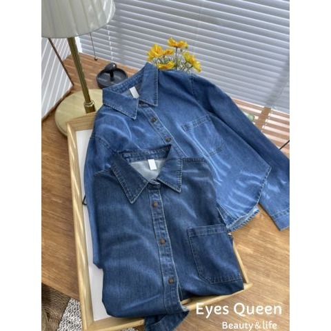 [Eyes Queen]現貨 美式復古翻領長袖牛仔襯衫 牛仔外套 牛仔襯衫 牛仔上衣 薄牛仔上衣-細節圖9