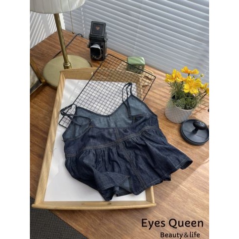 [Eyes Queen]現貨 復古牛仔吊帶背心 牛仔吊帶背心 牛仔背心 牛仔吊帶上衣 牛仔上衣 牛仔傘擺上衣-細節圖5