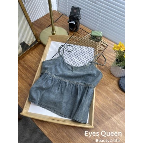 [Eyes Queen]現貨 復古牛仔吊帶背心 牛仔吊帶背心 牛仔背心 牛仔吊帶上衣 牛仔上衣 牛仔傘擺上衣-細節圖6