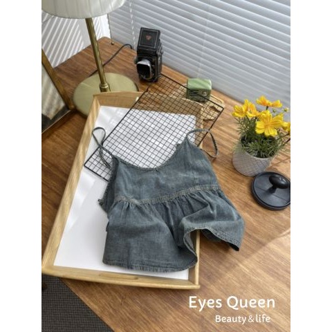 [Eyes Queen]現貨 復古牛仔吊帶背心 牛仔吊帶背心 牛仔背心 牛仔吊帶上衣 牛仔上衣 牛仔傘擺上衣-細節圖7