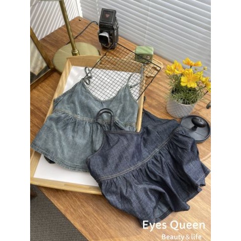 [Eyes Queen]現貨 復古牛仔吊帶背心 牛仔吊帶背心 牛仔背心 牛仔吊帶上衣 牛仔上衣 牛仔傘擺上衣-細節圖8