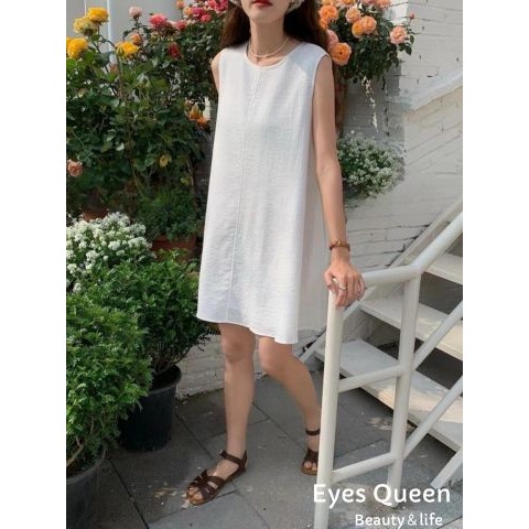 [Eyes Queen] 現貨 麻棉短洋裝 素面洋裝 圓領傘百洋裝 洋裝 連身裙 連身短洋裝 連身洋裝-細節圖2