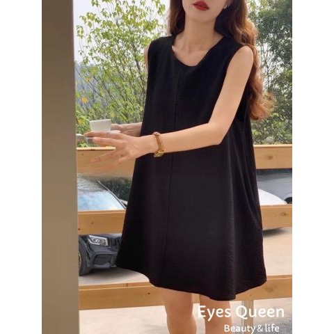 [Eyes Queen] 現貨 麻棉短洋裝 素面洋裝 圓領傘百洋裝 洋裝 連身裙 連身短洋裝 連身洋裝-細節圖8