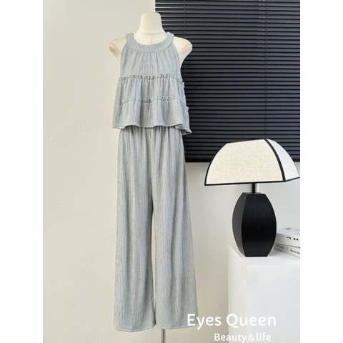 [Eyes Queen]無袖圓領掛脖兩件式套裝 兩件套裝 掛脖上衣+直筒褲 套裝 泡泡棉料兩件式套裝-細節圖5