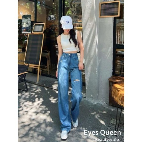 [Eyes Queen]現貨 垂墜感顯瘦彈力割破直筒寬褲 彈力直筒割破褲 割破直筒褲 彈力牛仔褲 牛仔寬褲 寬褲-細節圖2