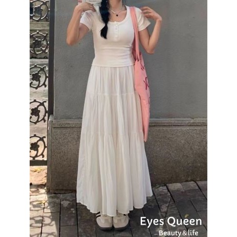 [Eyes Queen] 現貨 溫柔風白色A字半身裙 高腰顯瘦垂墜感蛋糕裙 蛋糕長裙 A字蛋糕長裙 長裙 裙子-細節圖2