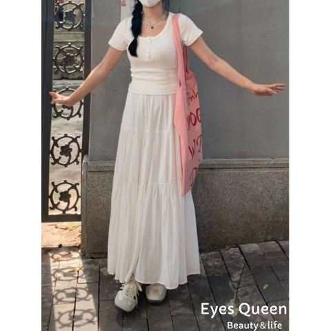 [Eyes Queen] 現貨 溫柔風白色A字半身裙 高腰顯瘦垂墜感蛋糕裙 蛋糕長裙 A字蛋糕長裙 長裙 裙子-細節圖3
