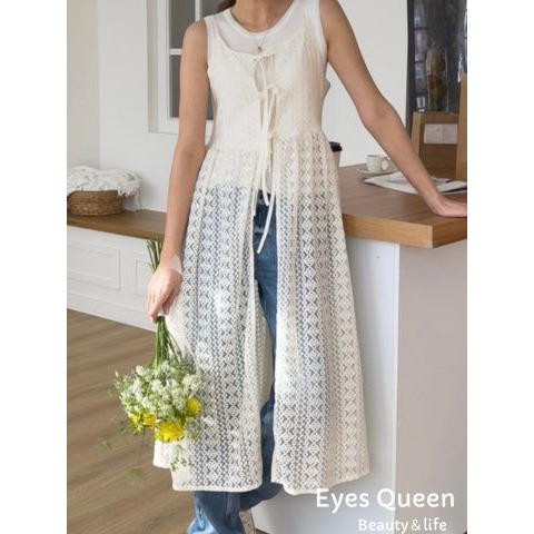 Eyes Queen 現貨 綁帶設計蕾絲罩衫 蕾絲罩衫 蕾絲長版罩衫 綁帶長版罩衫 疊穿長版罩衫 鏤空長版罩衫 罩衫-細節圖2