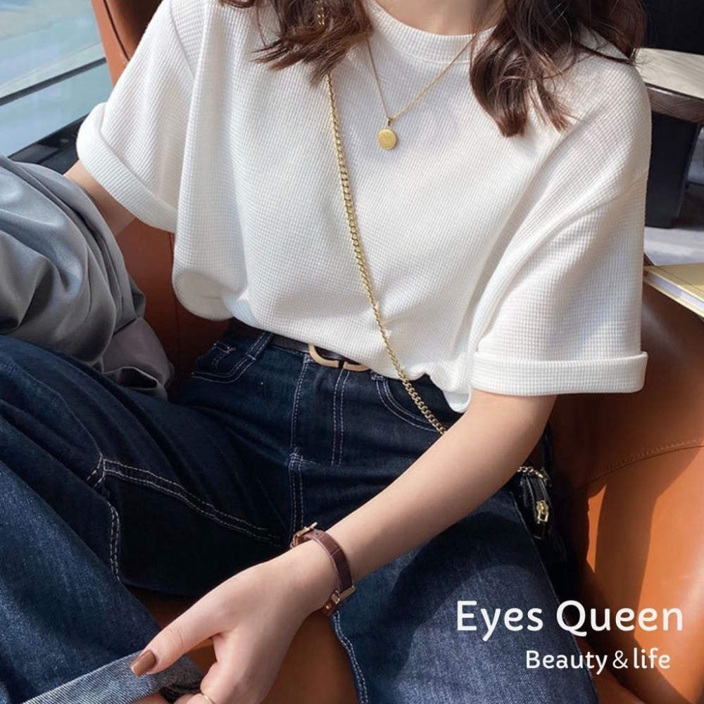[Eyes Queen]現貨 韓國華夫格棉短T 華夫格短T 短袖T恤 無印T恤 T恤 素T-細節圖8