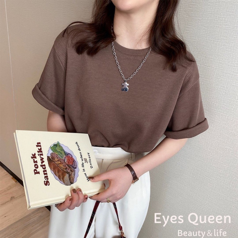 [Eyes Queen]現貨 韓國華夫格棉短T 華夫格短T 短袖T恤 無印T恤 T恤 素T-細節圖9