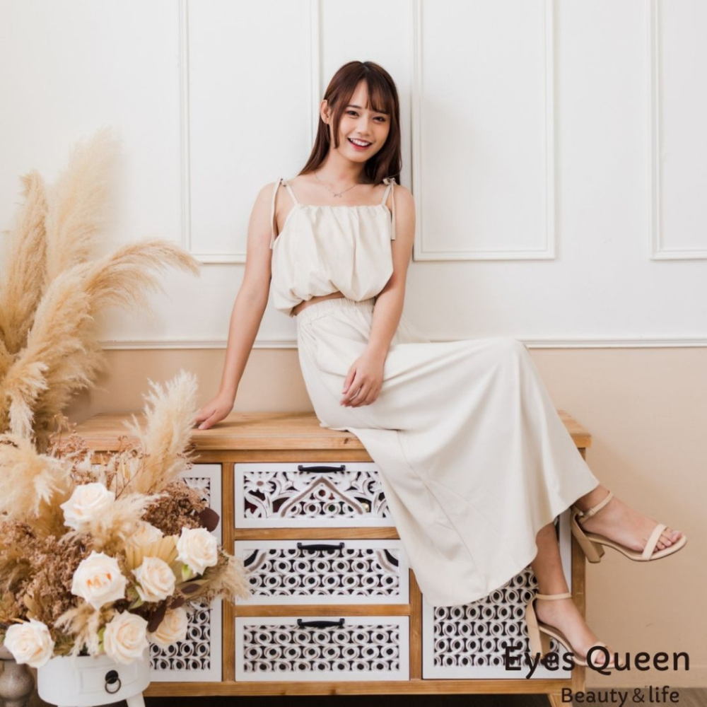 [Eyes Queen] 現貨 浪漫細肩中長裙套裝 綁帶短版上衣 長裙 兩件式套裝 兩件式裙裝 套裝 兩件式洋裝-細節圖2