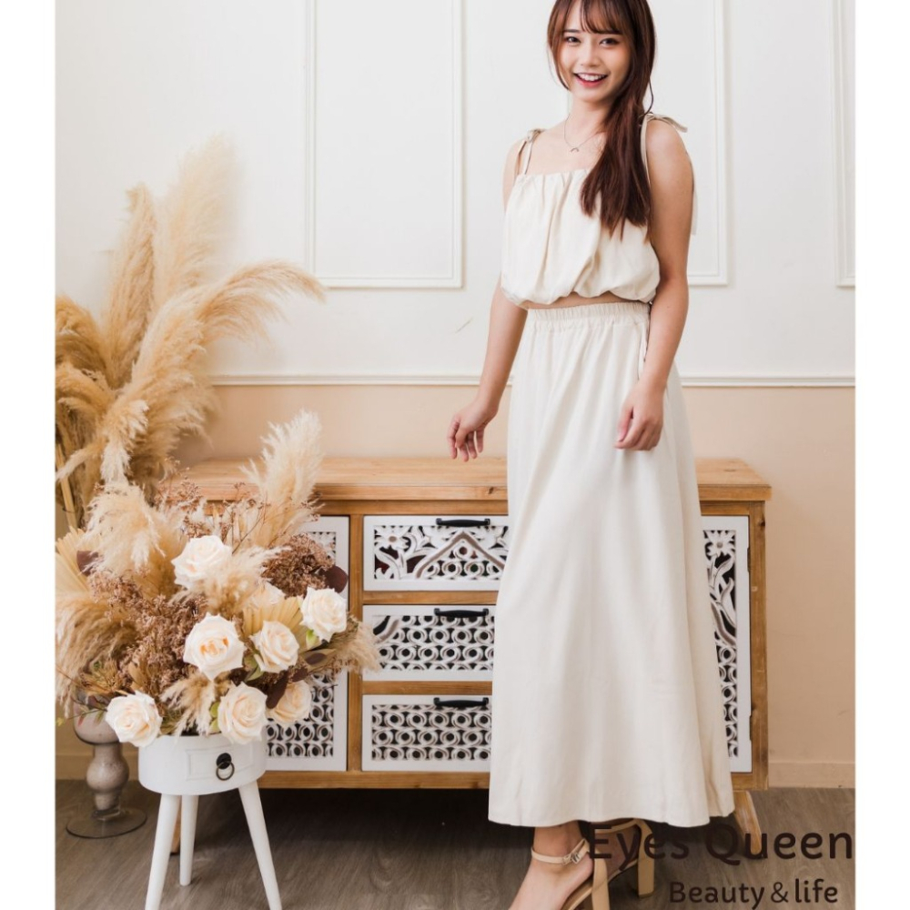 [Eyes Queen] 現貨 浪漫細肩中長裙套裝 綁帶短版上衣 長裙 兩件式套裝 兩件式裙裝 套裝 兩件式洋裝-細節圖5