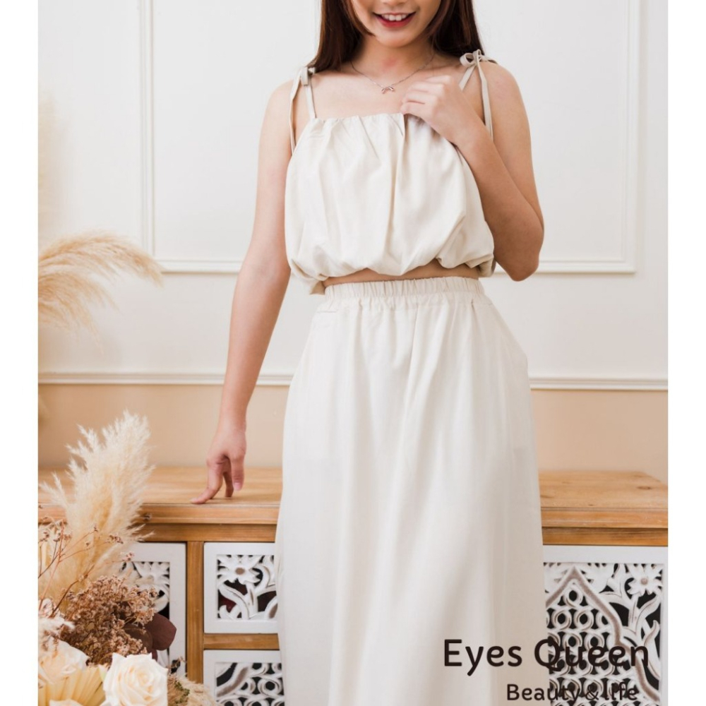 [Eyes Queen] 現貨 浪漫細肩中長裙套裝 綁帶短版上衣 長裙 兩件式套裝 兩件式裙裝 套裝 兩件式洋裝-細節圖6
