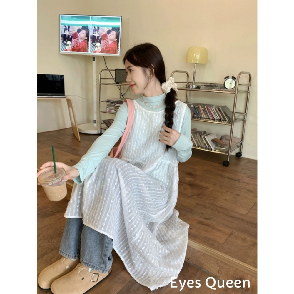 [Eyes Queen] 現貨 白色背心連身裙 疊穿罩衫 疊穿外套 罩衫 長版綁帶罩衫 白色綁帶罩衫 長版薄罩衫 薄罩衫-細節圖2