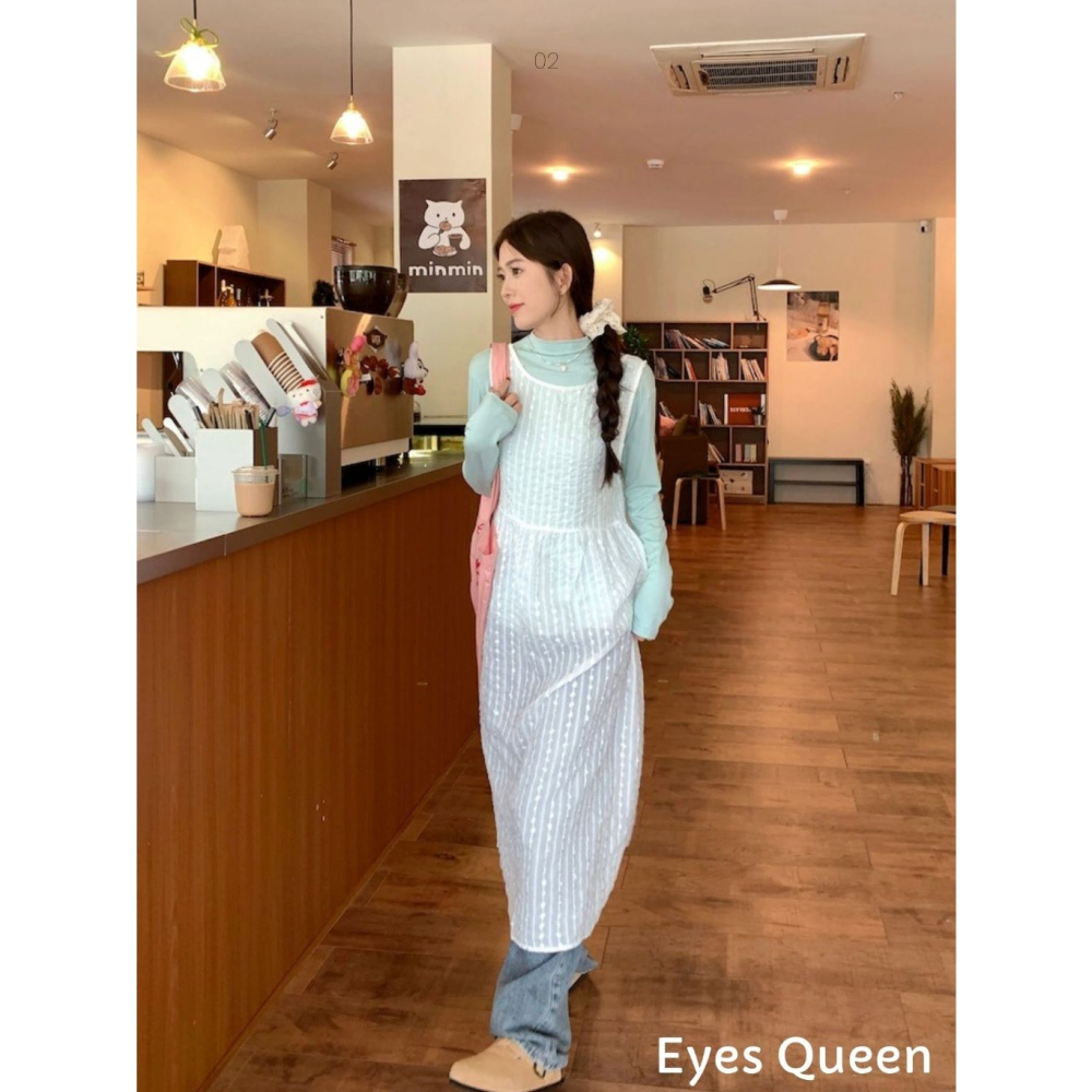 [Eyes Queen] 現貨 白色背心連身裙 疊穿罩衫 疊穿外套 罩衫 長版綁帶罩衫 白色綁帶罩衫 長版薄罩衫 薄罩衫-細節圖3