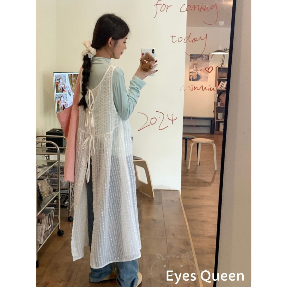 [Eyes Queen] 現貨 白色背心連身裙 疊穿罩衫 疊穿外套 罩衫 長版綁帶罩衫 白色綁帶罩衫 長版薄罩衫 薄罩衫-細節圖4