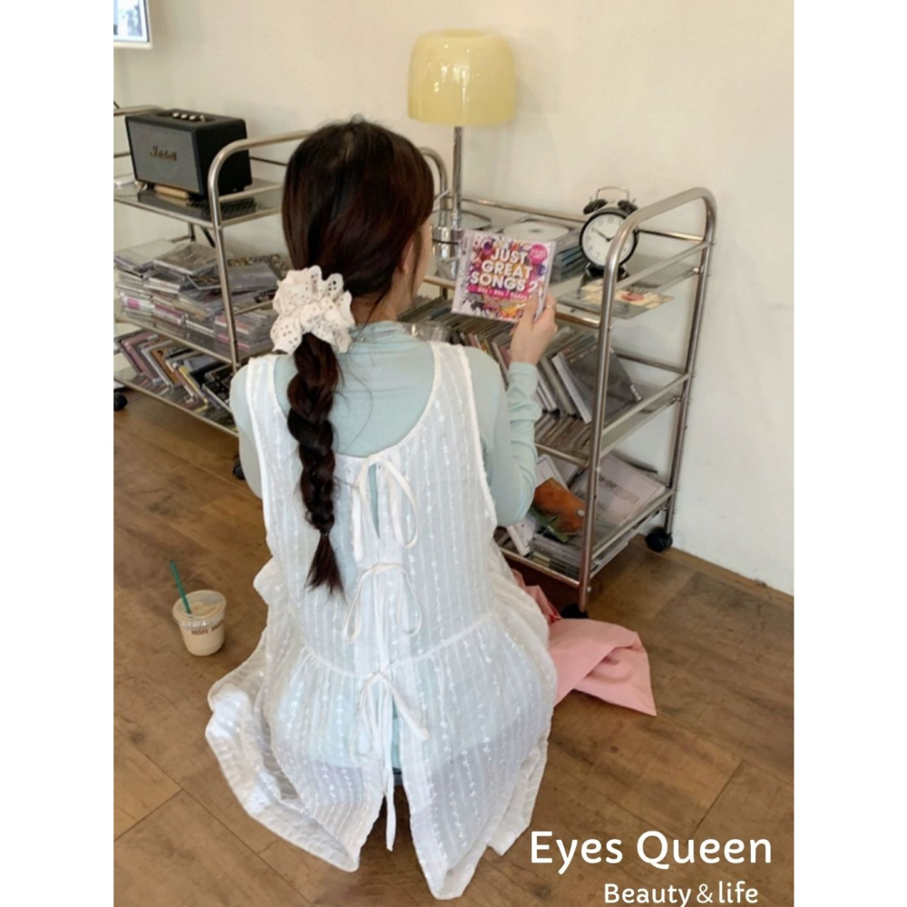 [Eyes Queen] 現貨 白色背心連身裙 疊穿罩衫 疊穿外套 罩衫 長版綁帶罩衫 白色綁帶罩衫 長版薄罩衫 薄罩衫-細節圖6