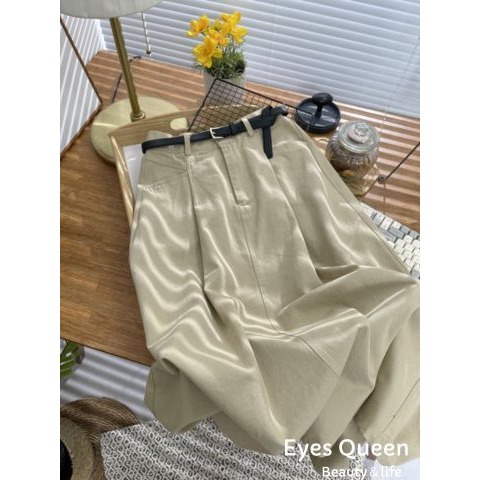 [Eyes Queen]現貨 休閒口袋水洗棉半身長裙(附皮帶) A字長裙 長裙 棉長裙-細節圖5