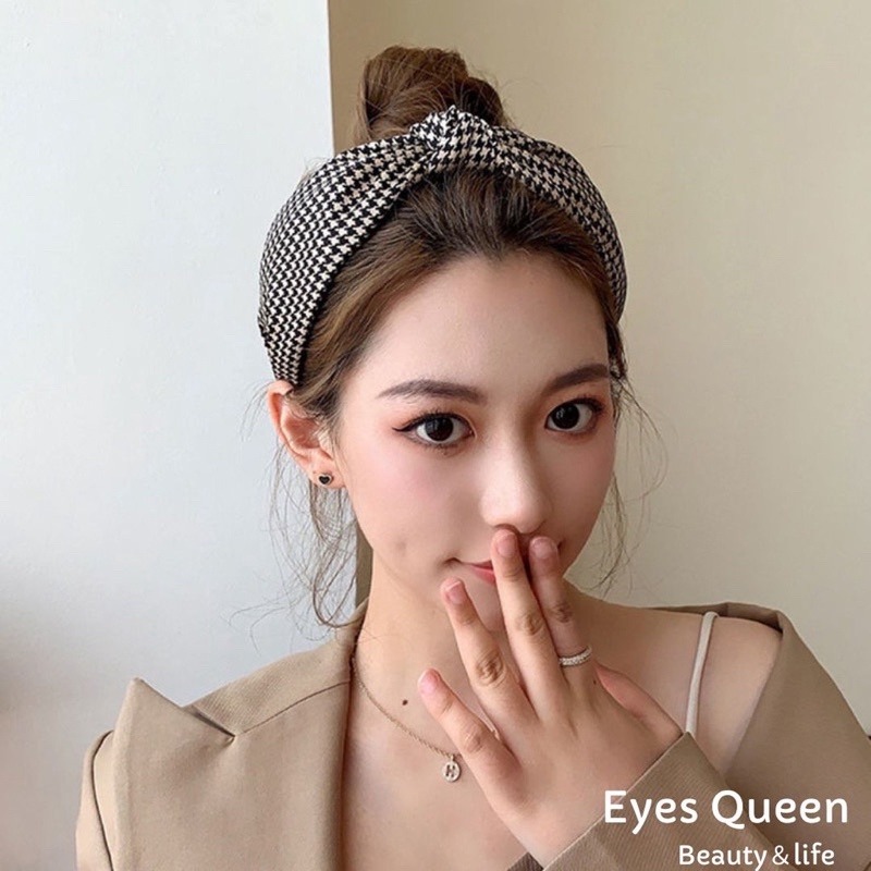 [Eyes Queen] 現貨 韓國氣質髮箍 髮箍 髮帶 韓妞髮飾 千鳥格紋拼接髮箍 格子拼接髮飾 復古花紋髮箍-細節圖2