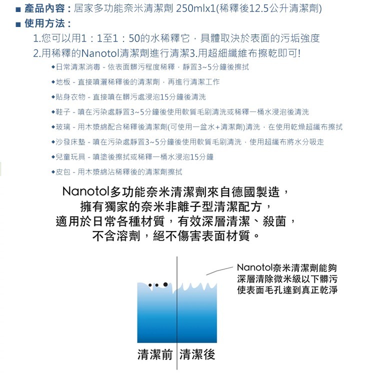 德國 Nanotol 居家多功能奈米清潔劑(濃縮) 250ml 居家清潔劑 濃縮清潔劑 家具清潔 洗鞋子 可稀釋-細節圖3