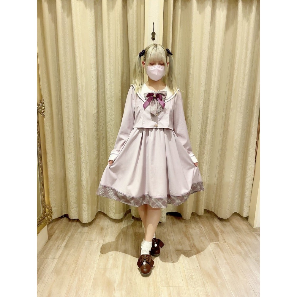 【二手】Check Ribbon Setup風セーラーワンピース（ラベンダー）正品-細節圖2