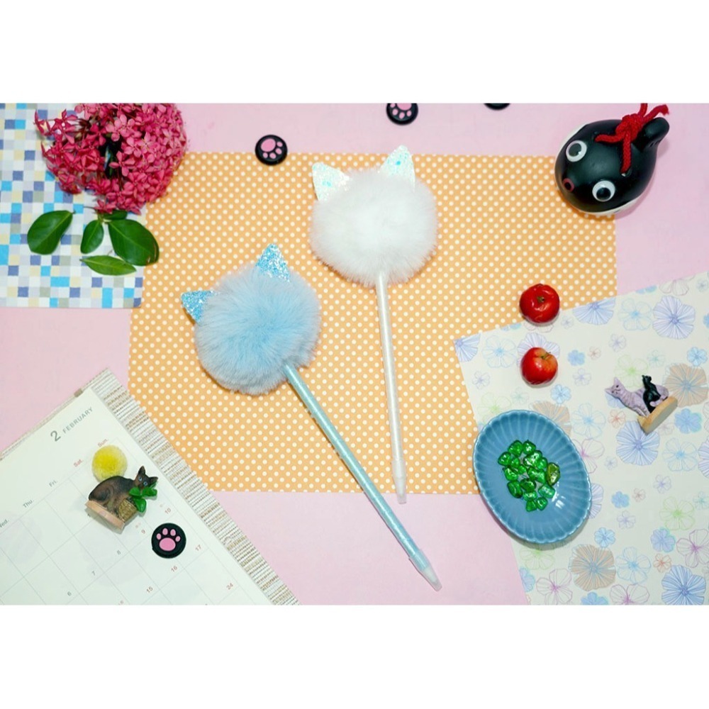 🎀日韓流行🎀Meow Meow俏皮貓咪大顆毛球澎澎筆🐱逗貓 貓奴必備 親子同樂 毛絨療癒小物 文具 禮物-細節圖2