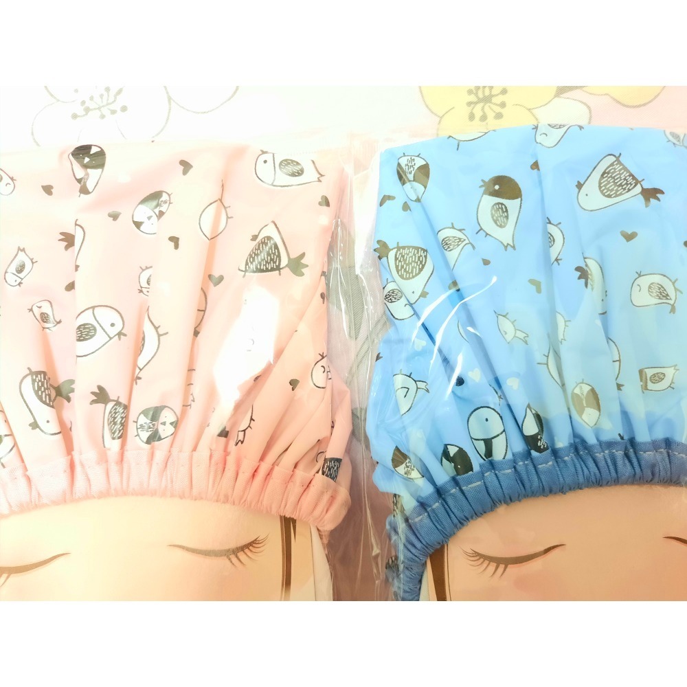 雙層防水浴帽一組 粉紅色＋藍色 小鳥印花 彈力鬆緊帶適合各種頭型-細節圖2