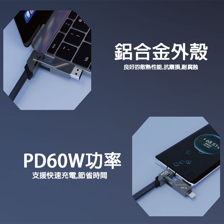 PD充電線 四合一 多功能 快充線 PD 充電線 適用iPhone Type-C iPhone15 iPhone16-細節圖7