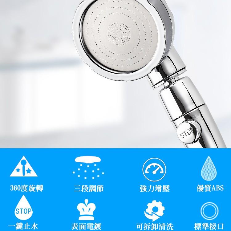 一鍵止水 止水開關 三段可調式 三段式 可拆洗 360度 旋轉 家用 增壓 花灑噴頭 按摩 細水 標準接口 蓮蓬頭-細節圖2