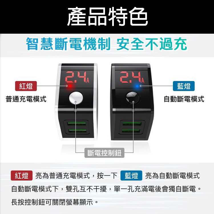 USB 數顯 自動斷電 充電器 12W 電流量顯示 強制斷電 快充 快充頭 旅充 快充頭 兩孔 雙孔 電源供應器-細節圖3