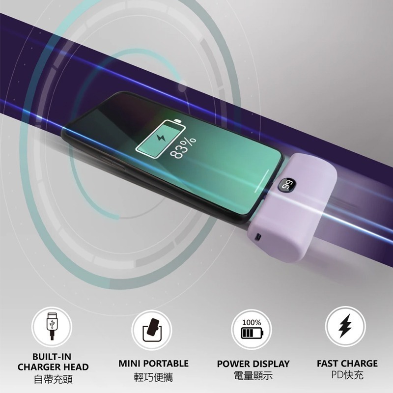 迷你直插式行動電源 5000mAh 額定容量 2800mAh PD 快充 行種充 TYPE-C iPhone 行動電源-細節圖4