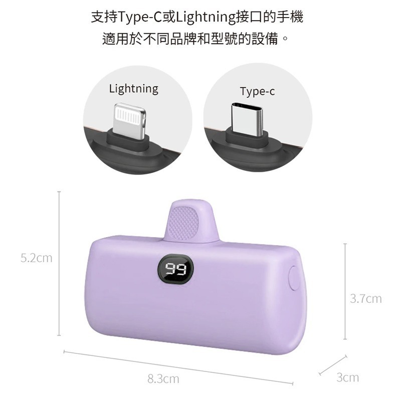 迷你直插式行動電源 5000mAh 額定容量 2800mAh PD 快充 行種充 TYPE-C iPhone 行動電源-細節圖8