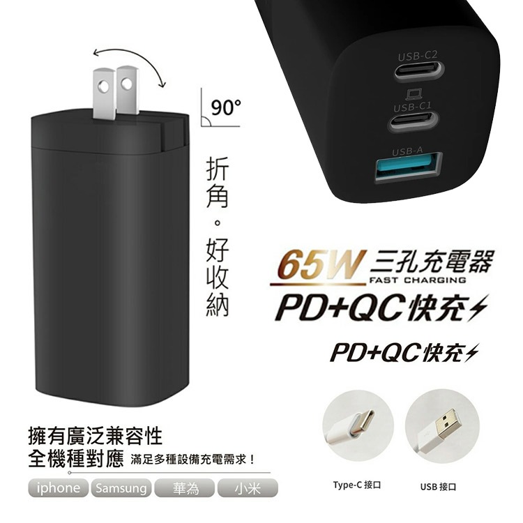GAN 氮化鎵 65W 3孔 充電器 充電頭 旅充頭 PD 電源供應器 PD快充 旅充 快充頭 GAN氮化鎵 快充充電器-細節圖2