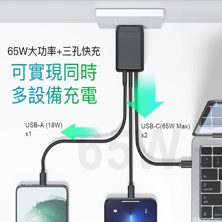 GaN 氮化鎵 65W 三孔 Type-C PD快充頭 充電器 旅充 PD 快充 急速充電 電源供應器 適用iPhone-細節圖6