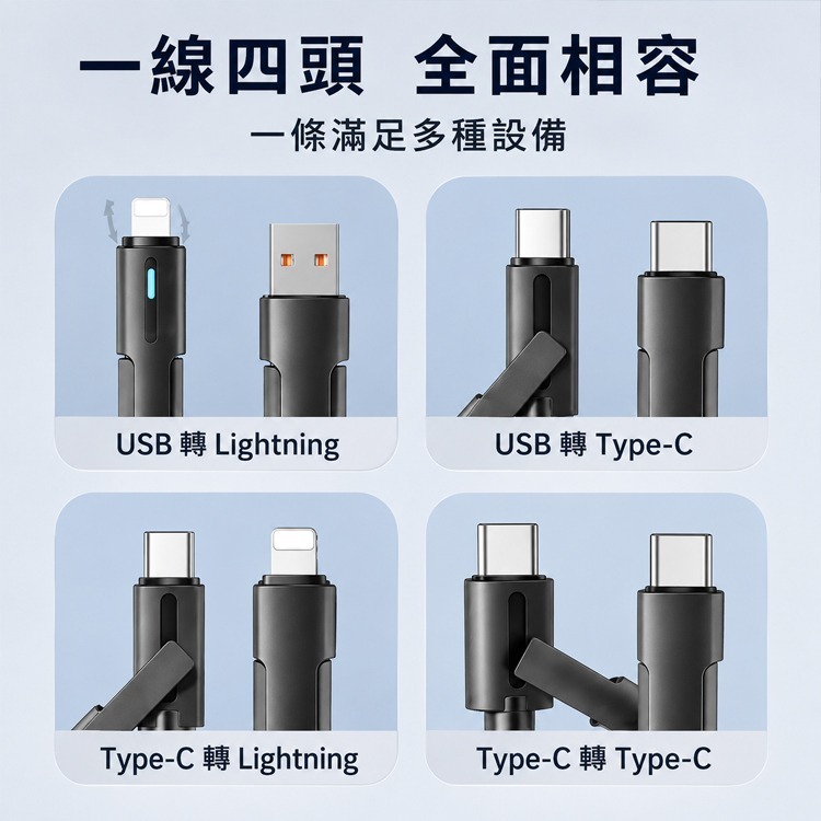 四合一充電線 PD快充 雙頭四接口 極速快充 Type-C USB 適用 蘋果 安卓 通用 手機 電腦 傳輸線 快充線-細節圖6