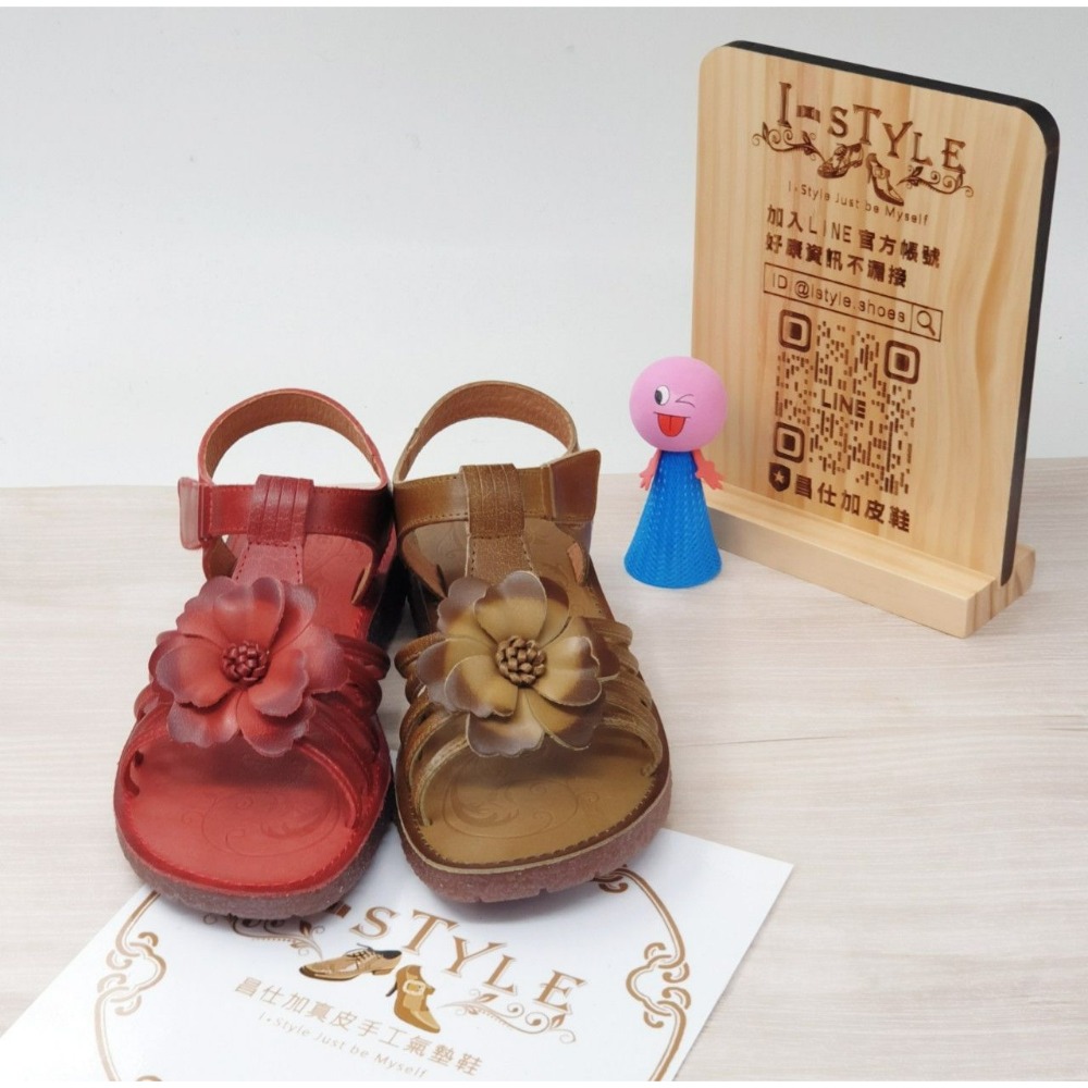 ♀️女：台灣手工-復古本染牛皮黏帶涼鞋（橄欖綠/復古紅）-細節圖2
