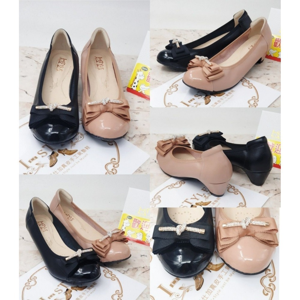 ♀️女：MIT精品-真皮立體鑽蝴蝶結低跟淑女鞋（黑/粉）-細節圖3