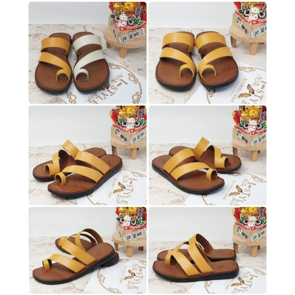 ♀️女：台灣手工-率性S線條苯染牛皮套趾拖鞋（黃/米）-細節圖5