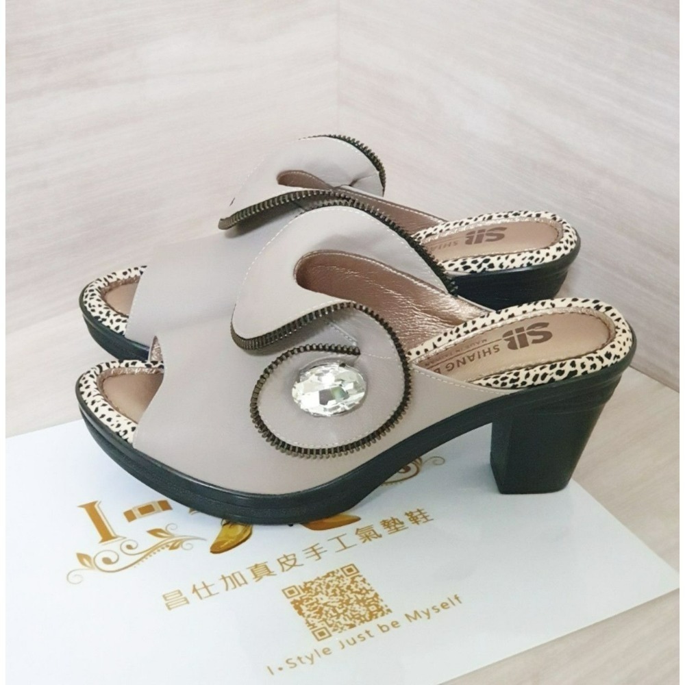 ♀️女：MIT手工-小羊皮晶鑽拉鏈花魚口跟鞋（杏）-細節圖4