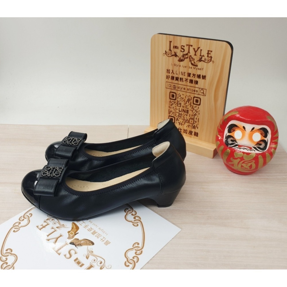 ♀️女： 台灣手工-蝴蝶結幾何水鑽低跟娃娃鞋(黑/杏)-細節圖8
