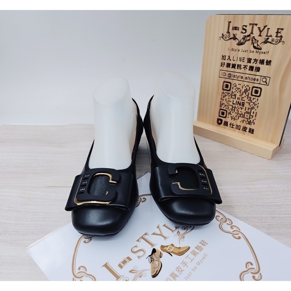 ♀️女：大C鑽蝴蝶結氣墊粗跟娃娃鞋(黑)-細節圖2