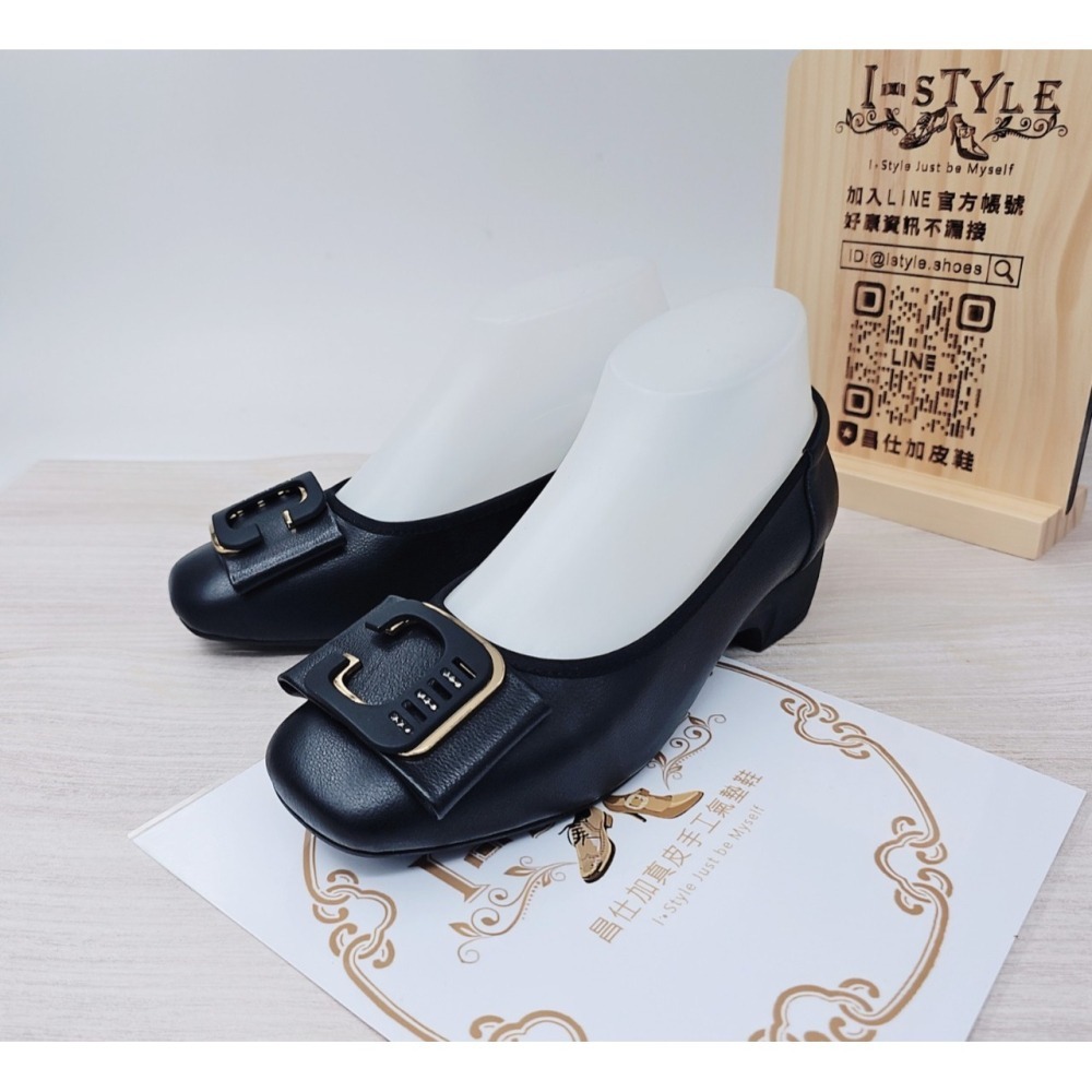 ♀️女：大C鑽蝴蝶結氣墊粗跟娃娃鞋(黑)-細節圖3