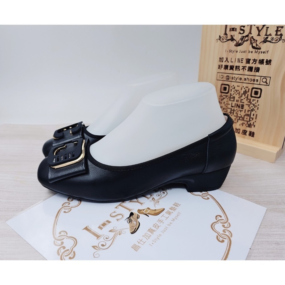 ♀️女：大C鑽蝴蝶結氣墊粗跟娃娃鞋(黑)-細節圖4