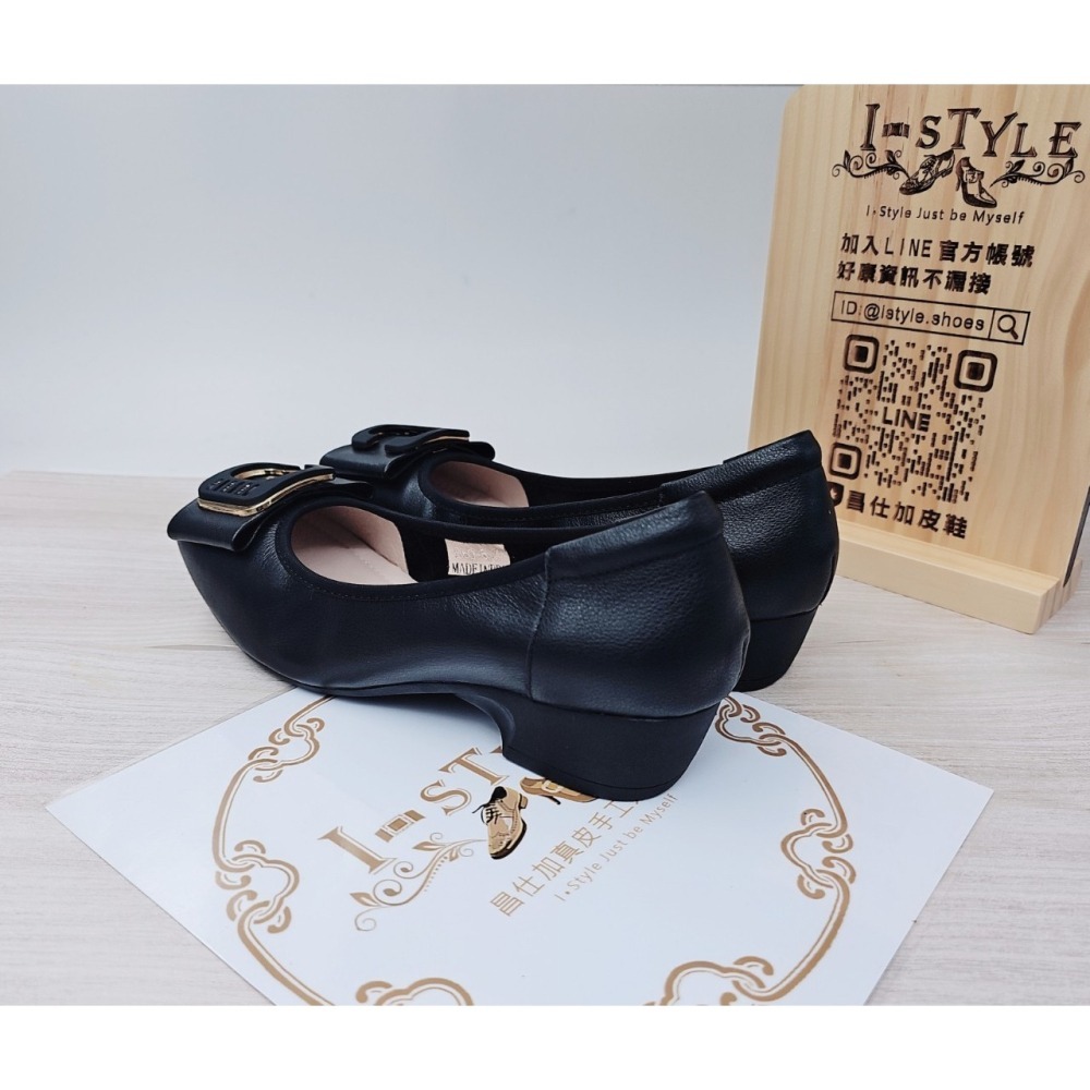 ♀️女：大C鑽蝴蝶結氣墊粗跟娃娃鞋(黑)-細節圖5