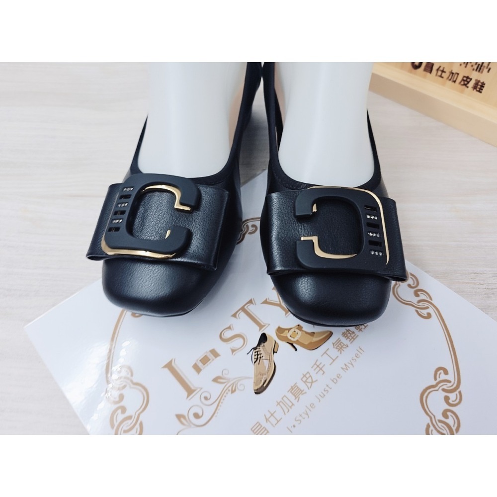♀️女：大C鑽蝴蝶結氣墊粗跟娃娃鞋(黑)-細節圖6