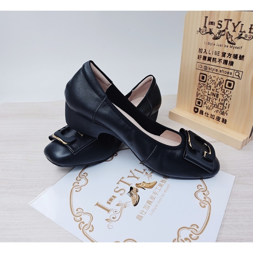 ♀️女：大C鑽蝴蝶結氣墊粗跟娃娃鞋(黑)-細節圖7