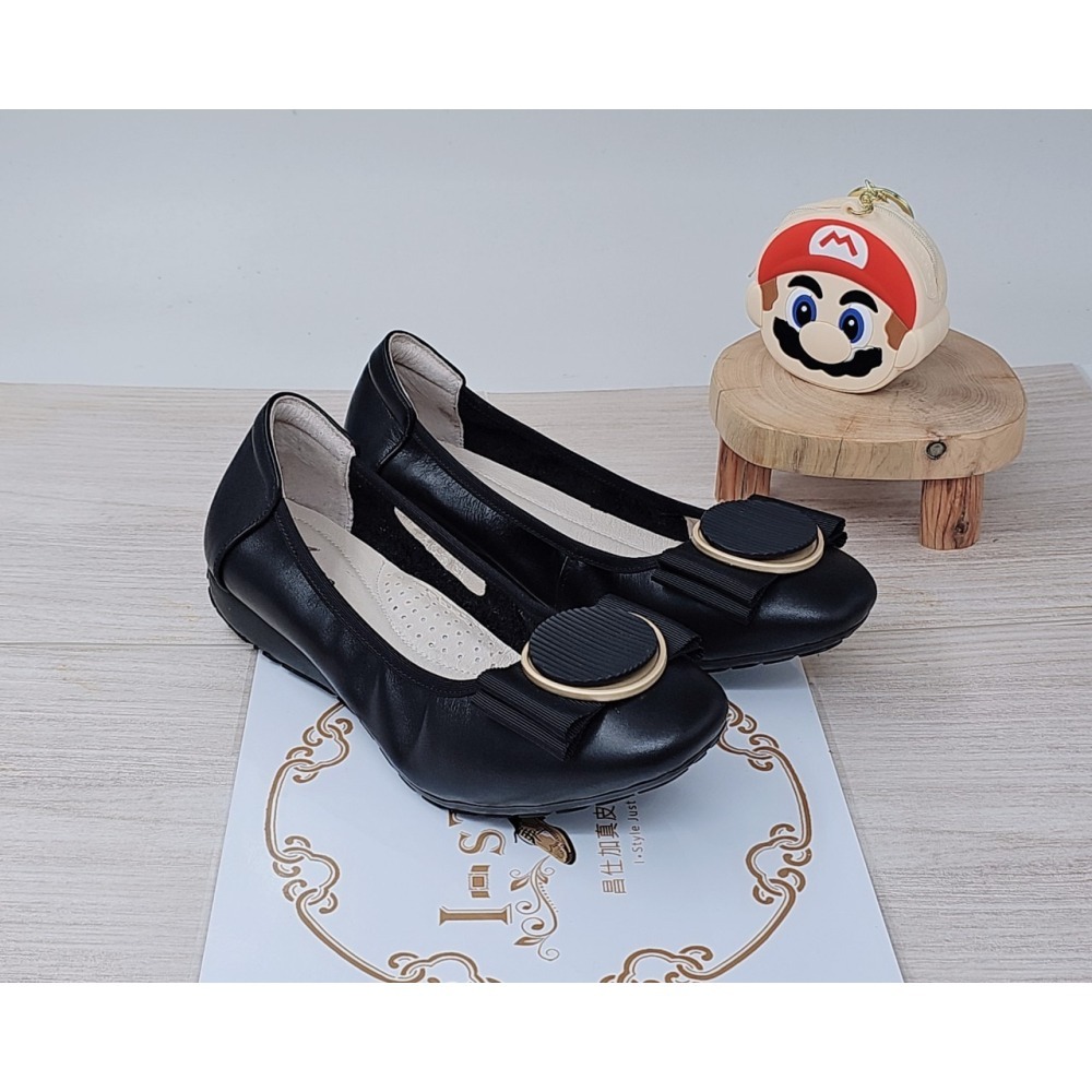 ♀️女：大圓釦蝴蝶結足弓氣墊娃娃鞋(黑)-細節圖3