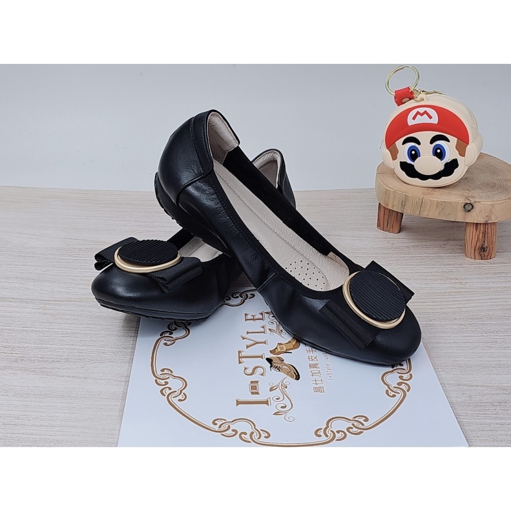 ♀️女：大圓釦蝴蝶結足弓氣墊娃娃鞋(黑)-細節圖6