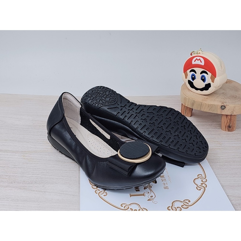 ♀️女：大圓釦蝴蝶結足弓氣墊娃娃鞋(黑)-細節圖8