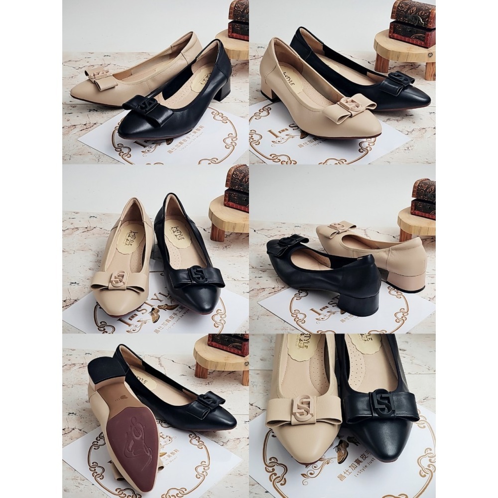 ♀️女：優雅每一步-蝴蝶結尖頭粗跟鞋(杏/黑)-細節圖3